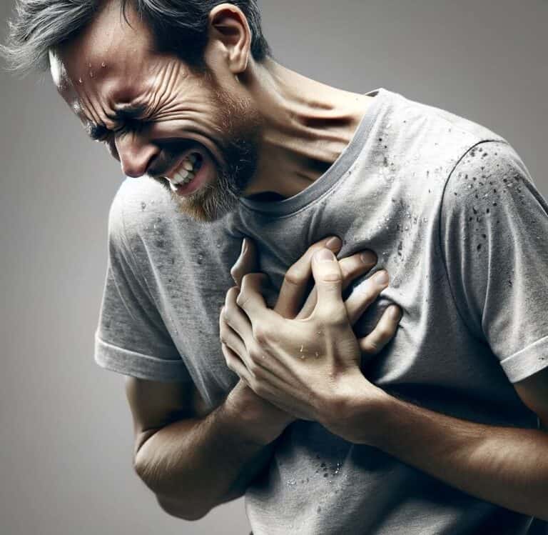 협심증 전조증상으로 심장 통증을 호소하고 있는 남성